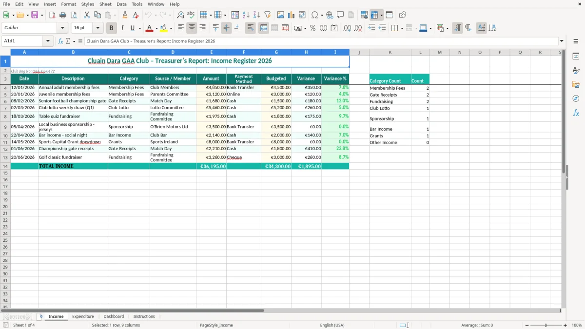 Screenshot 1: Income tab - Excel template gaa club treasurer report excel template ireland