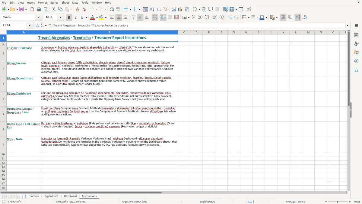 Screenshot 4: Instructions tab - Excel template gaa club treasurer report excel template ireland