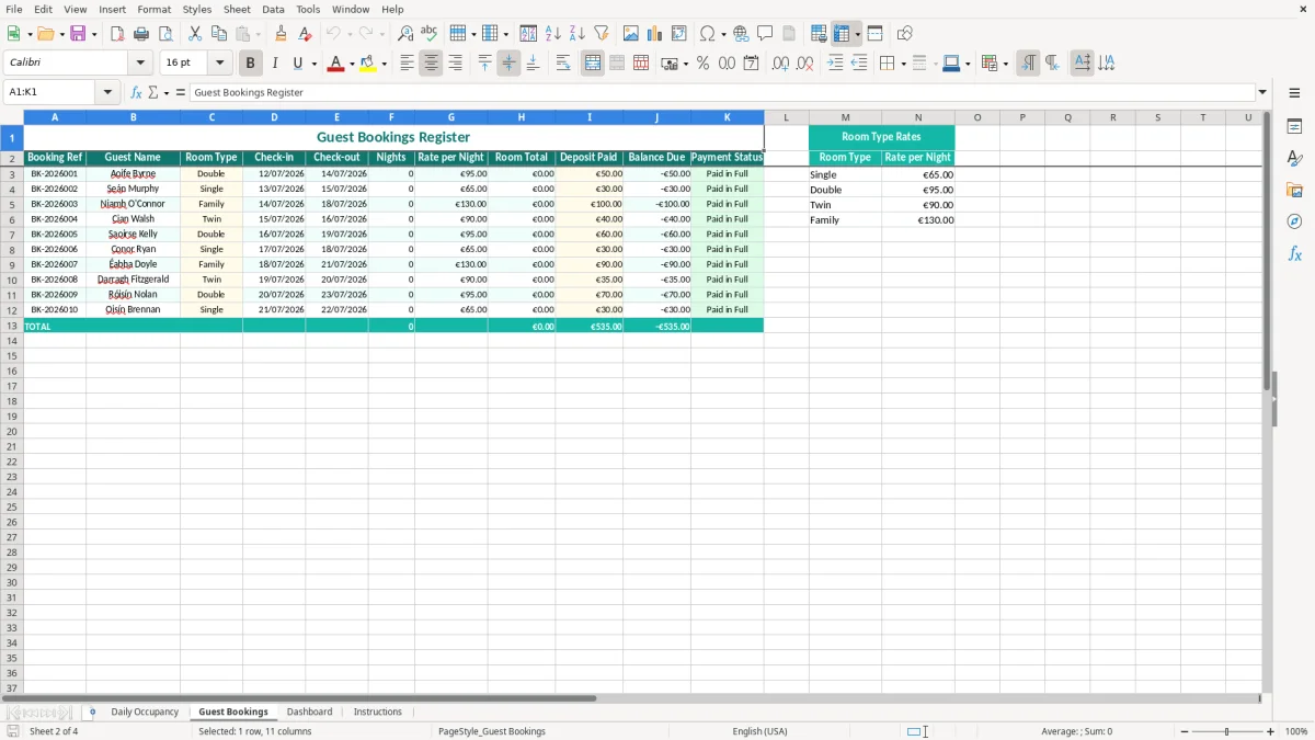 Screenshot 2: Guest Bookings tab - Excel template guesthouse occupancy tracker excel template ireland