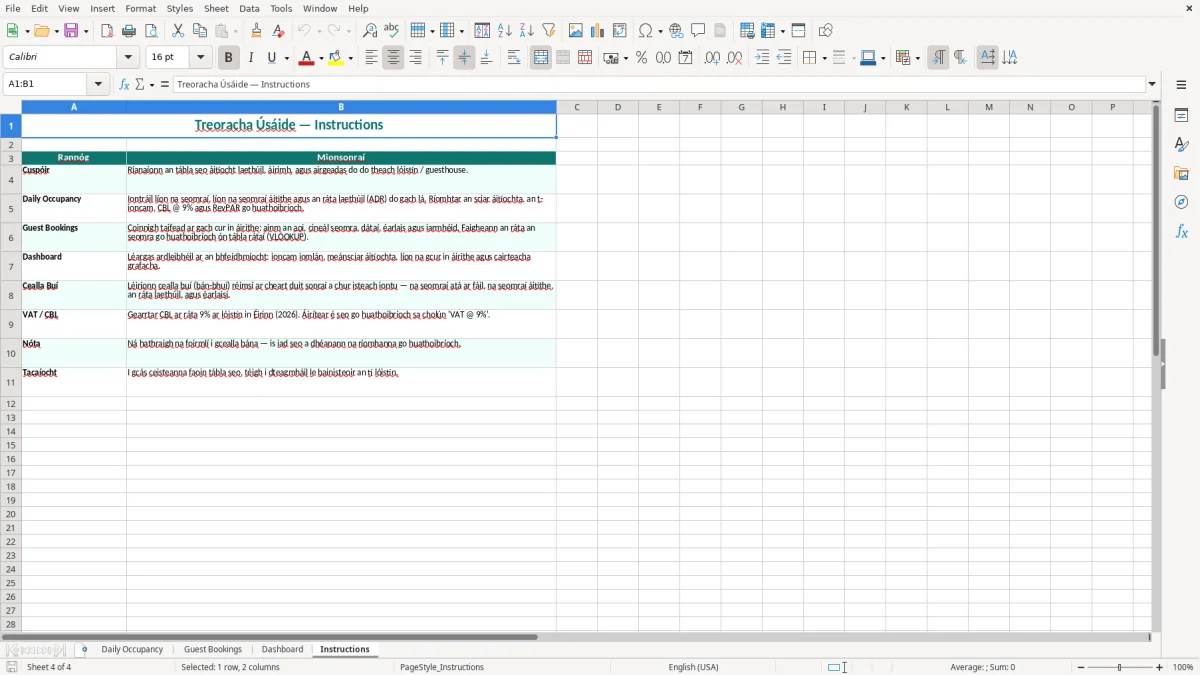 Screenshot 4: Instructions tab - Excel template guesthouse occupancy tracker excel template ireland