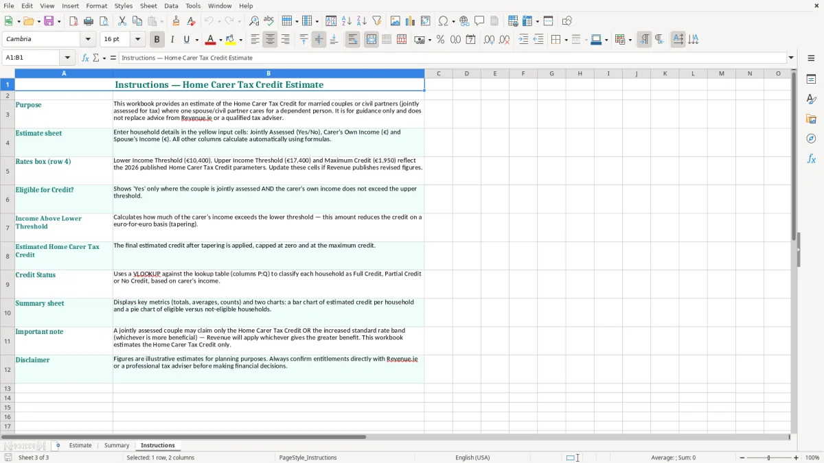 Screenshot 3: Instructions tab - Excel template home carer tax credit estimate excel spreadsheet ireland
