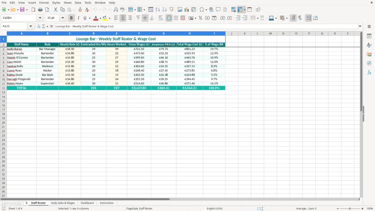 Screenshot 1: Staff Roster tab - Excel template lounge bar wage cost percentage excel template ireland