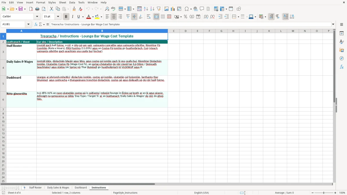 Screenshot 4: Instructions tab - Excel template lounge bar wage cost percentage excel template ireland
