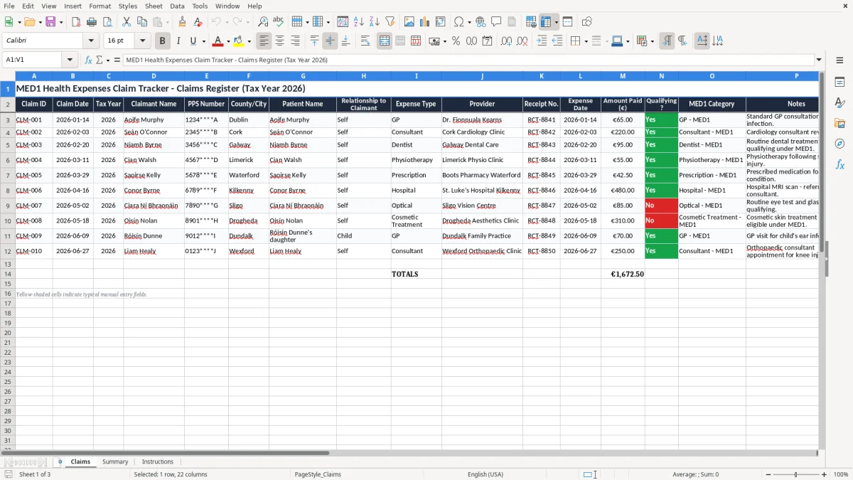 Screenshot 1: Claims tab - Excel template med1 health expenses claim excel spreadsheet ireland