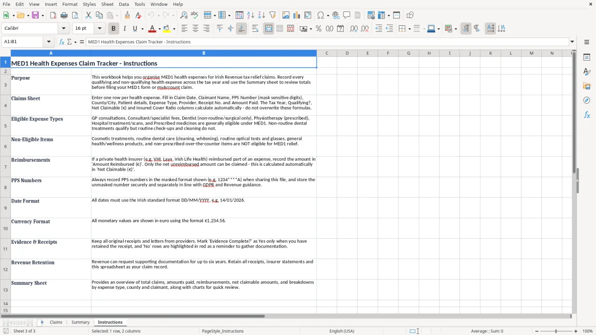 Screenshot 3: Instructions tab - Excel template med1 health expenses claim excel spreadsheet ireland