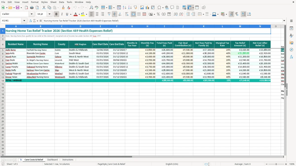 Screenshot 1: Care Costs & Relief tab - Excel template nursing home tax relief excel template ireland
