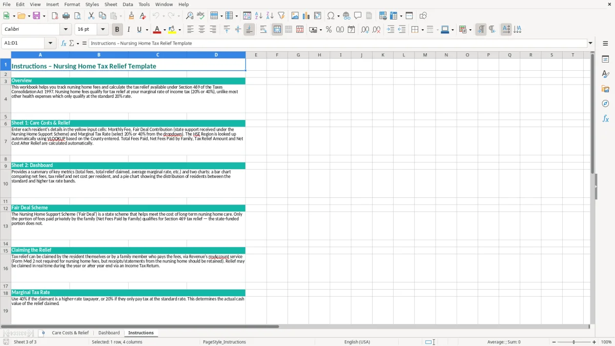 Screenshot 3: Instructions tab - Excel template nursing home tax relief excel template ireland