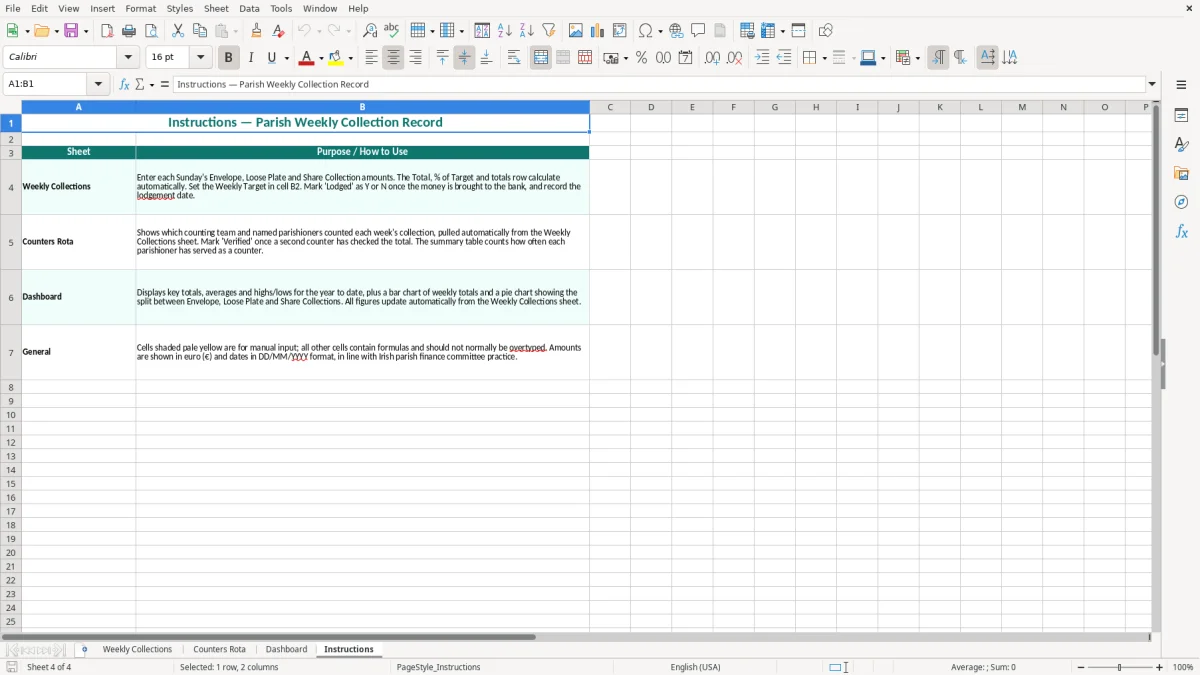Screenshot 4: Instructions tab - Excel template parish church weekly collection record excel spreadsheet ireland