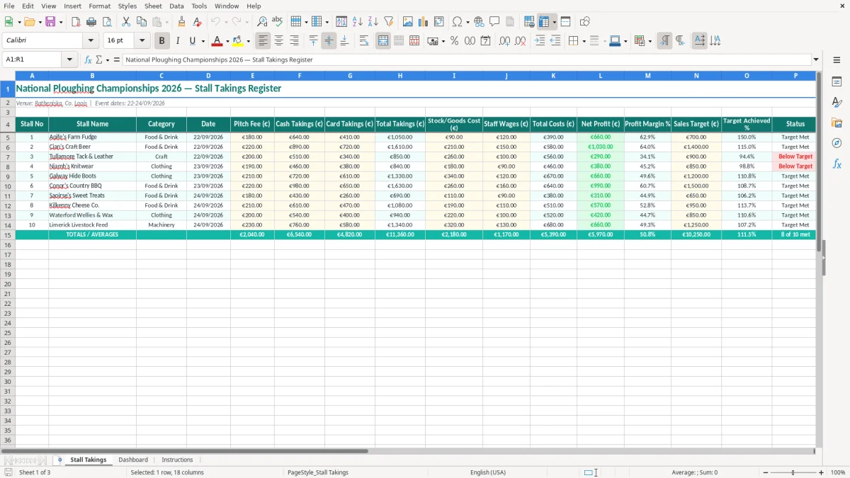 Screenshot 1: Stall Takings tab - Excel template ploughing championships stall takings excel spreadsheet ireland