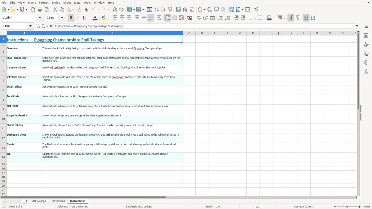 Screenshot 3: Instructions tab - Excel template ploughing championships stall takings excel spreadsheet ireland