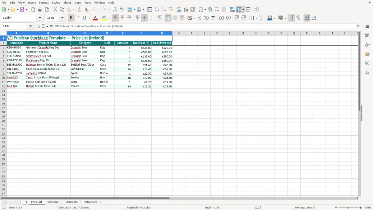 Screenshot 1: Price List tab - Excel template publican vfi pub stocktake excel template ireland