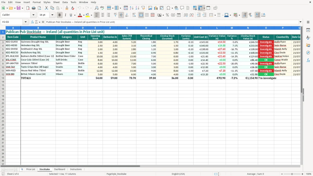 Screenshot 2: Stocktake tab - Excel template publican vfi pub stocktake excel template ireland