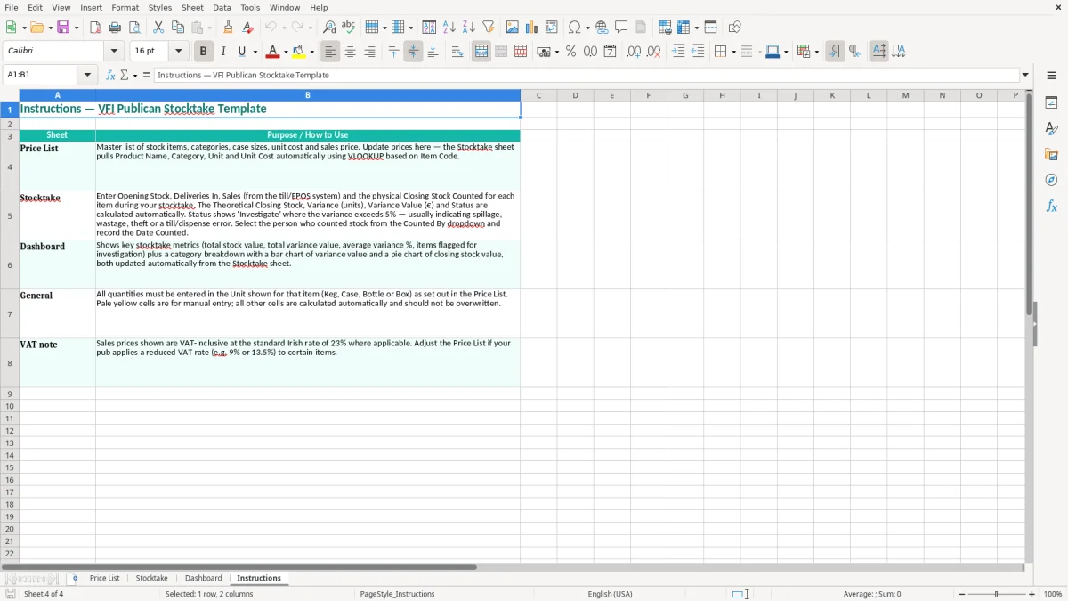 Screenshot 4: Instructions tab - Excel template publican vfi pub stocktake excel template ireland