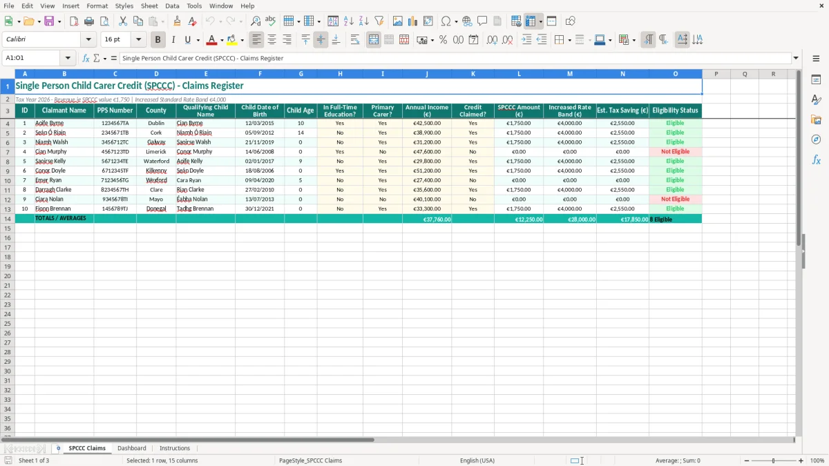 Screenshot 1: SPCCC Claims tab - Excel template single person child carer credit excel template ireland