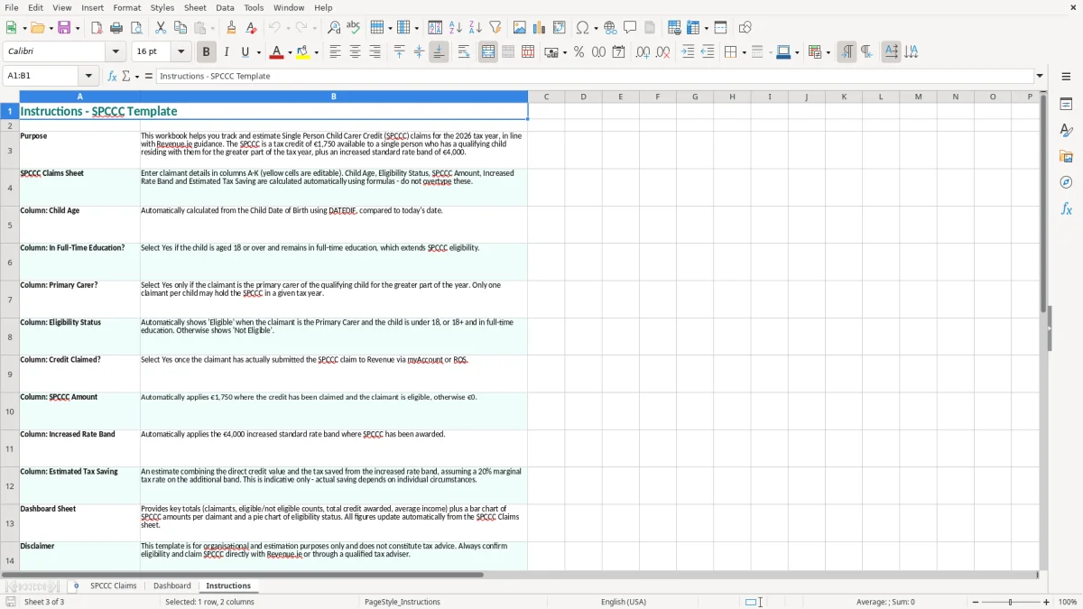Screenshot 3: Instructions tab - Excel template single person child carer credit excel template ireland