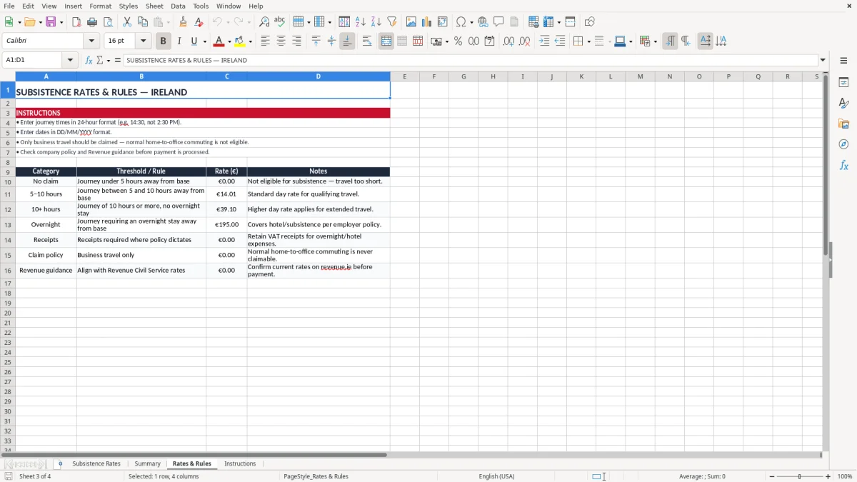 Screenshot 3: Rates & Rules tab - Excel template subsistence allowance day rates tracker excel template ireland