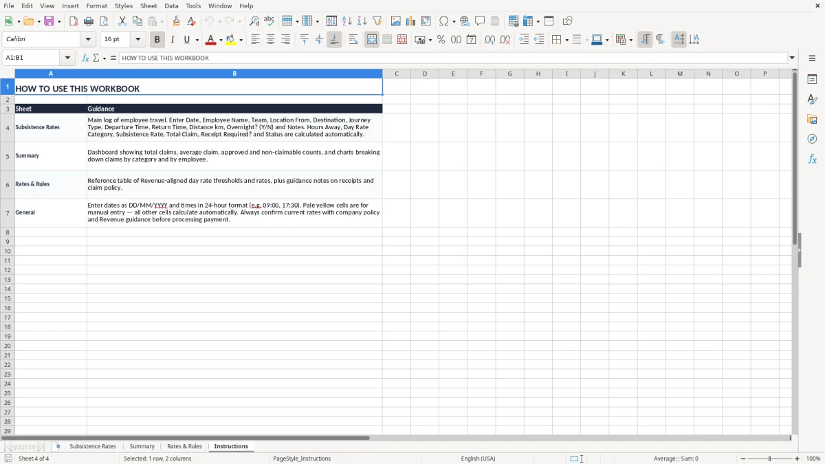 Screenshot 4: Instructions tab - Excel template subsistence allowance day rates tracker excel template ireland