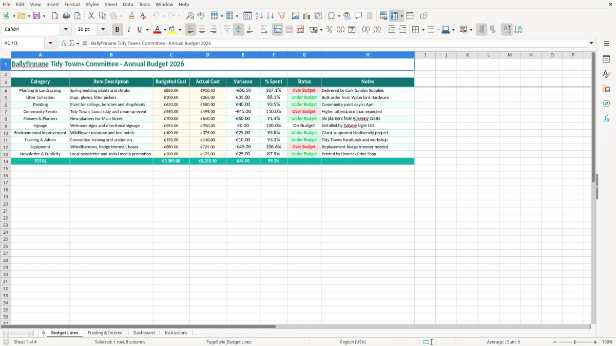Screenshot 1: Budget Lines tab - Excel template tidy towns committee budget excel spreadsheet ireland