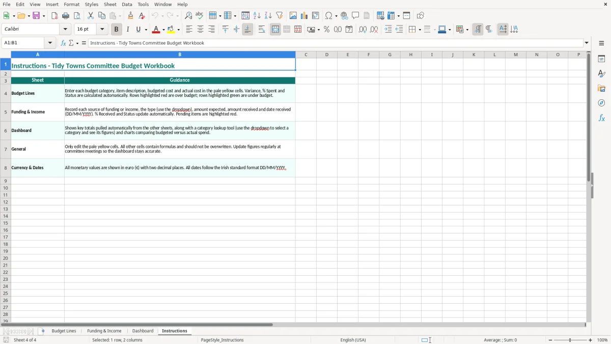 Screenshot 4: Instructions tab - Excel template tidy towns committee budget excel spreadsheet ireland