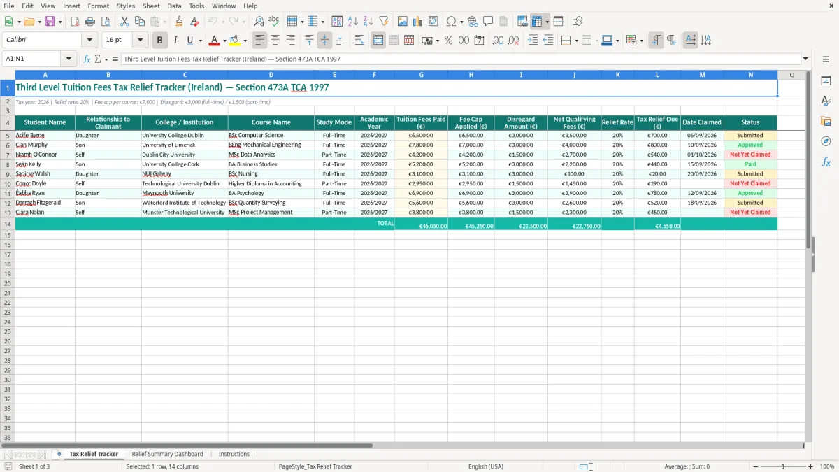Screenshot 1: Tax Relief Tracker tab - Excel template tuition fees tax relief tracker excel spreadsheet ireland