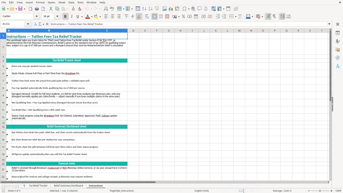 Screenshot 3: Instructions tab - Excel template tuition fees tax relief tracker excel spreadsheet ireland