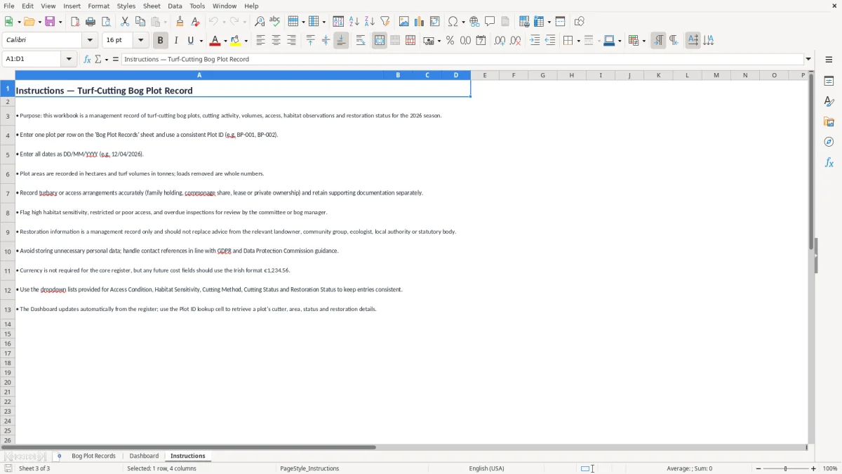 Screenshot 3: Instructions tab - Excel template turf cutting bog plot record excel template ireland