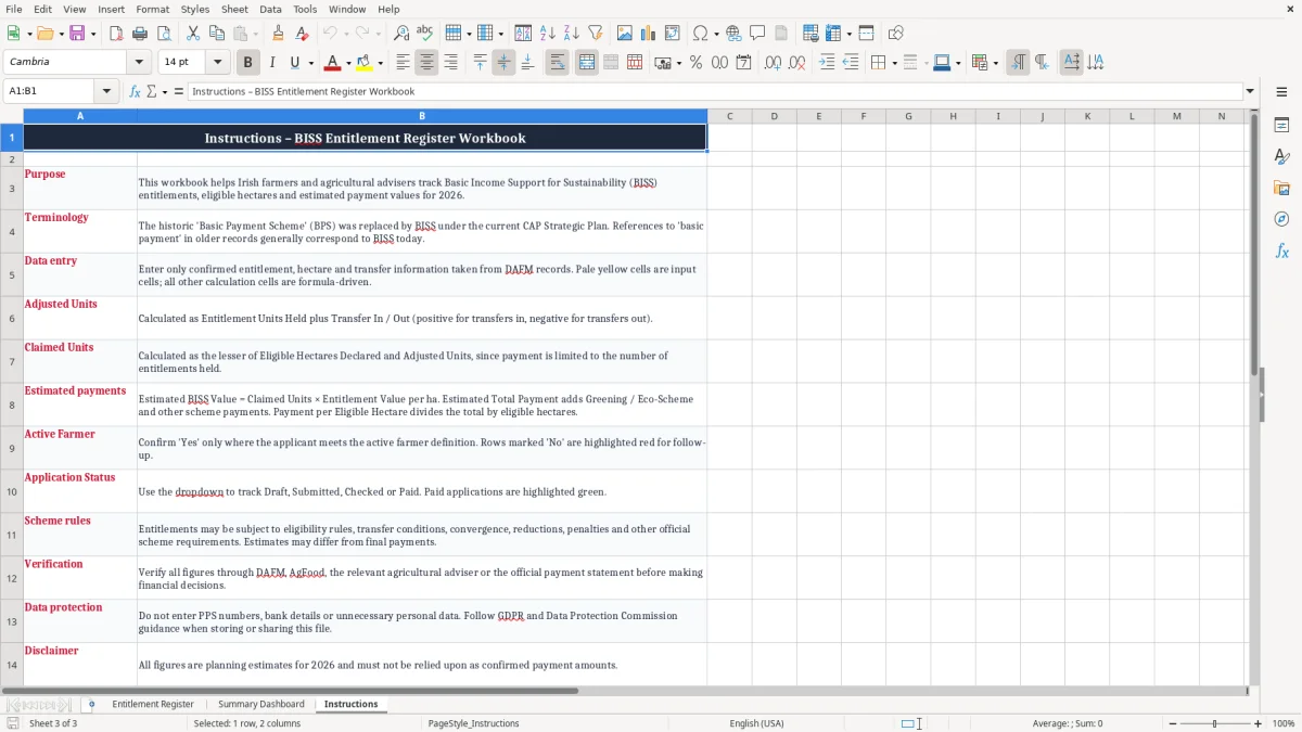 Screenshot 3: Instructions tab - Excel template basic payment scheme entitlements excel template ireland