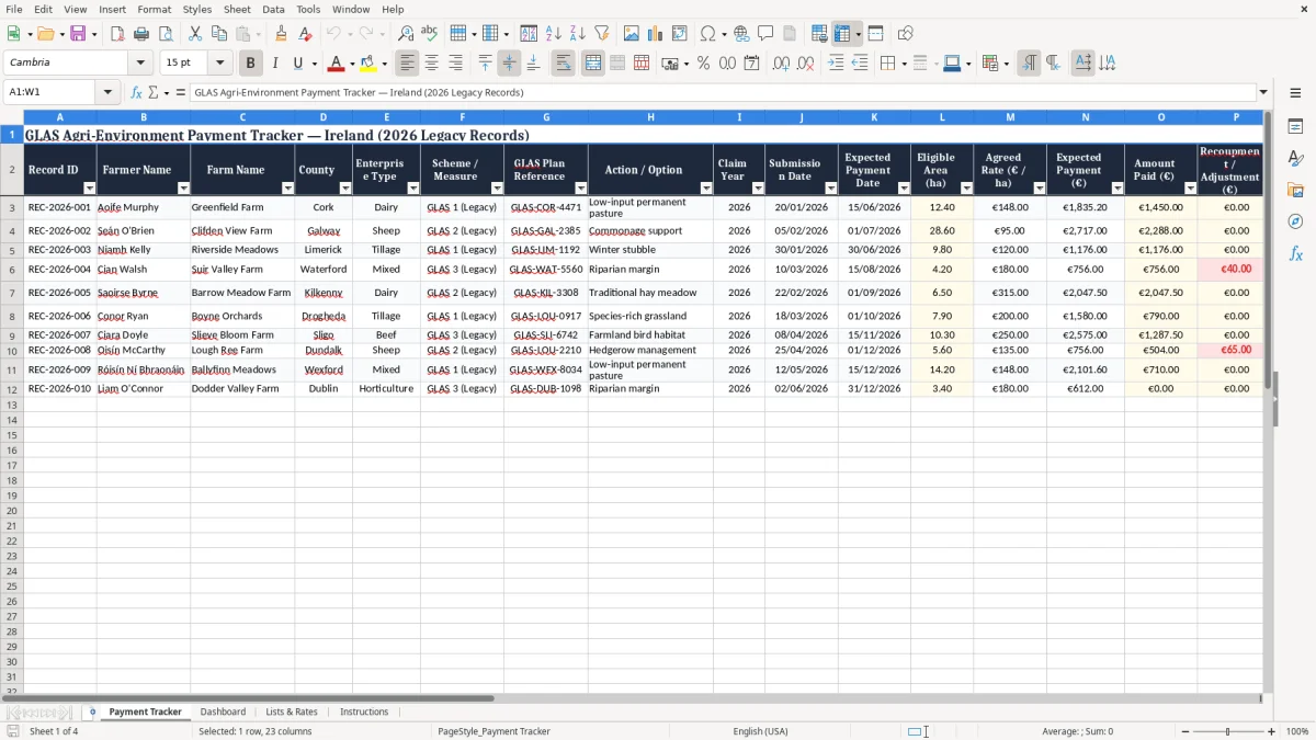 Screenshot 1: Payment Tracker tab - Excel template glas agri environment payment tracker excel spreadsheet ireland