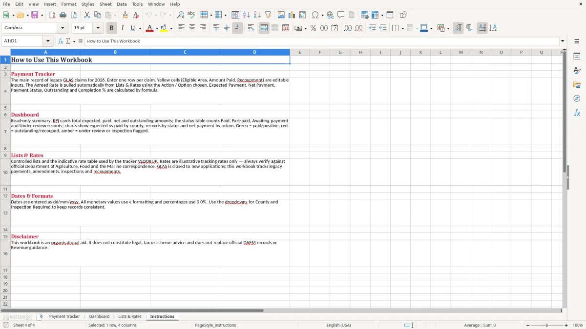 Screenshot 4: Instructions tab - Excel template glas agri environment payment tracker excel spreadsheet ireland