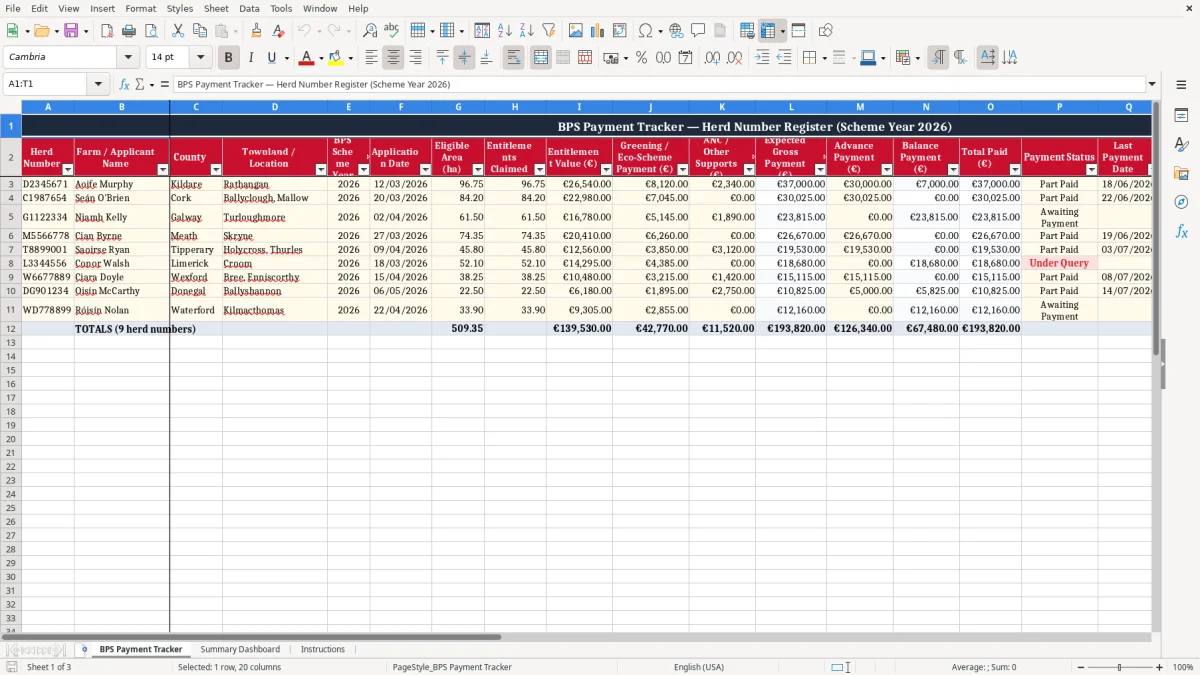 Screenshot 1: BPS Payment Tracker tab - Excel template herd number bps payment tracker excel spreadsheet ireland