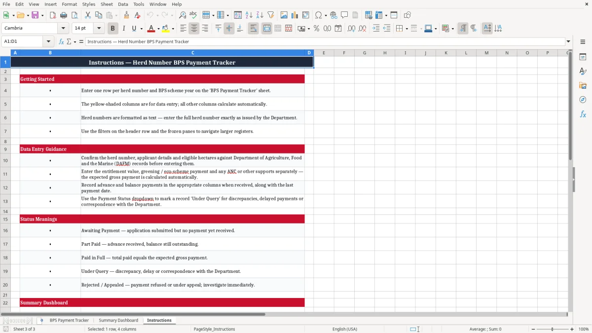 Screenshot 3: Instructions tab - Excel template herd number bps payment tracker excel spreadsheet ireland