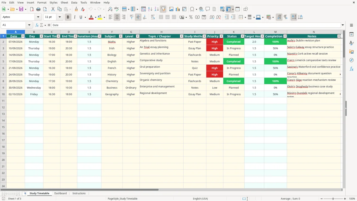 Screenshot 1: Study Timetable tab - Excel template leaving cert study timetable excel spreadsheet ireland