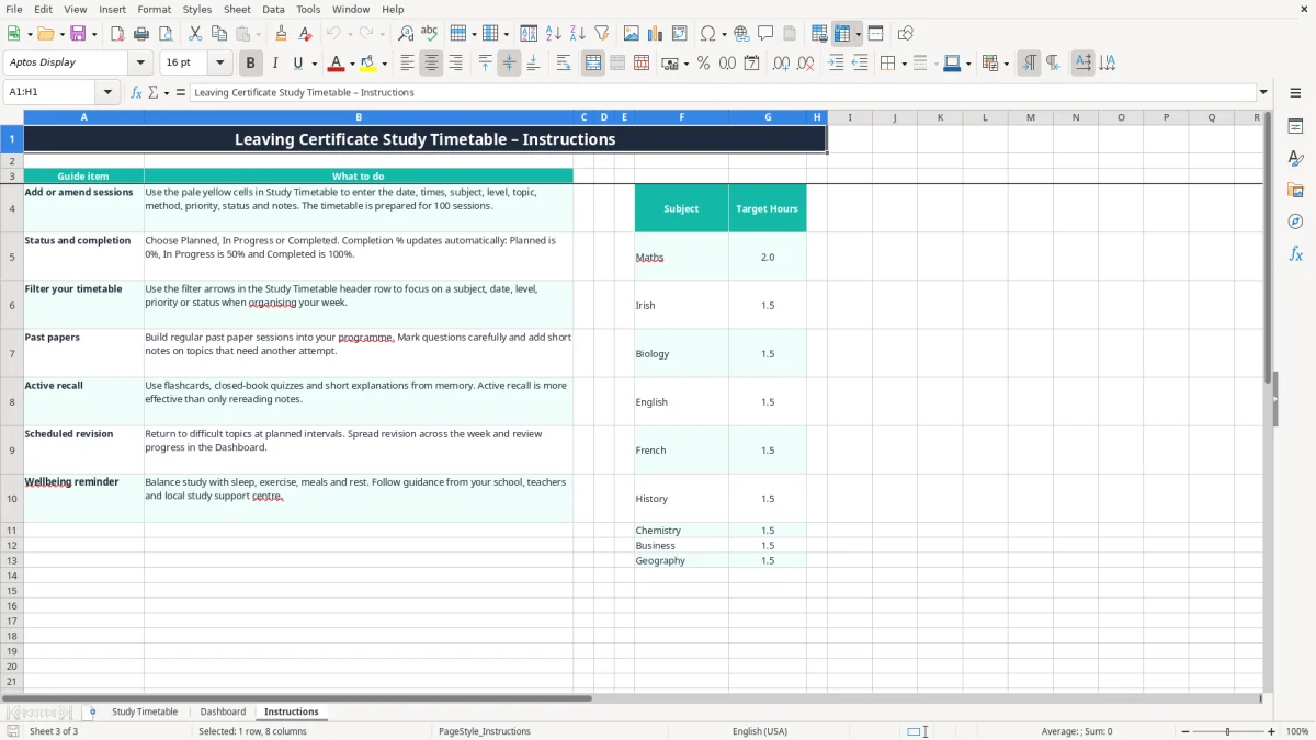 Screenshot 3: Instructions tab - Excel template leaving cert study timetable excel spreadsheet ireland