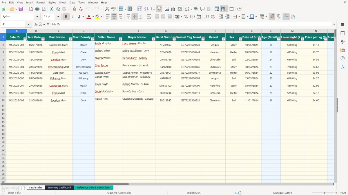 Screenshot 1: Cattle Sales tab - Excel template mart sales cattle record excel spreadsheet ireland