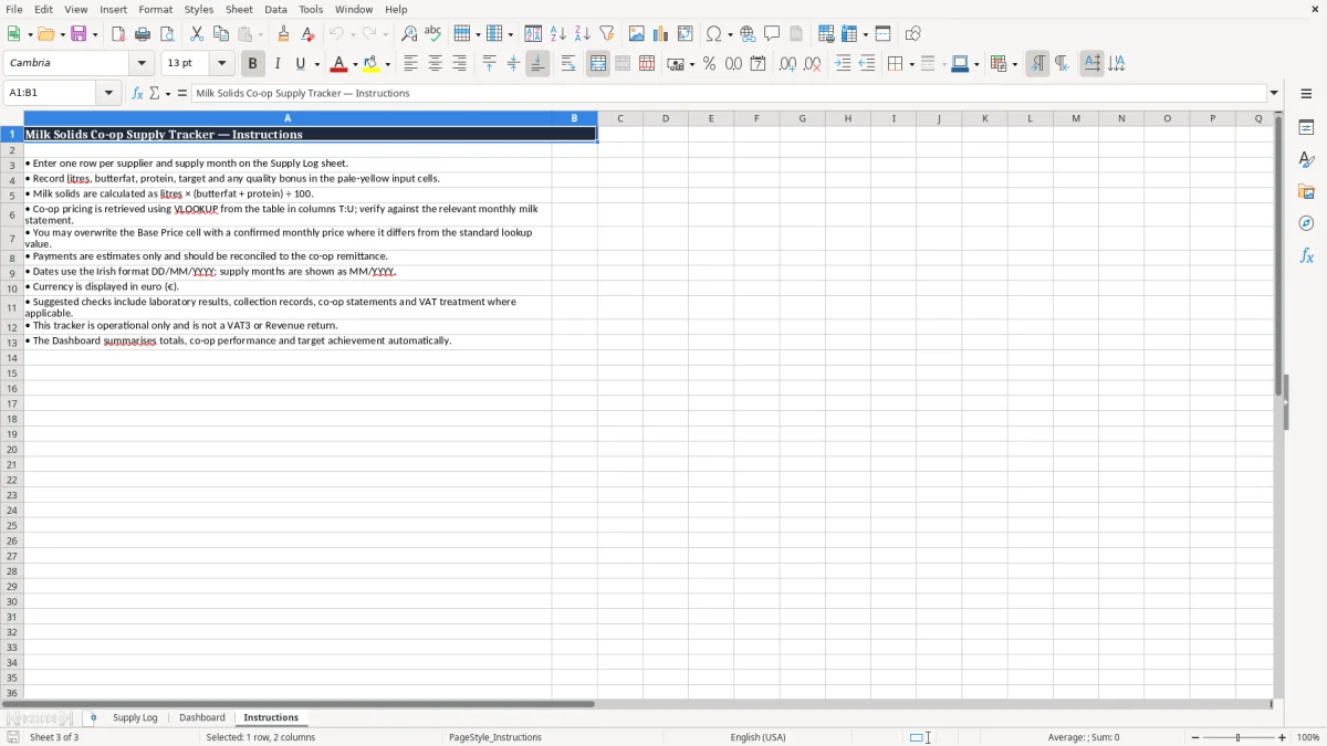 Screenshot 3: Instructions tab - Excel template milk solids co-op supply tracker excel spreadsheet ireland