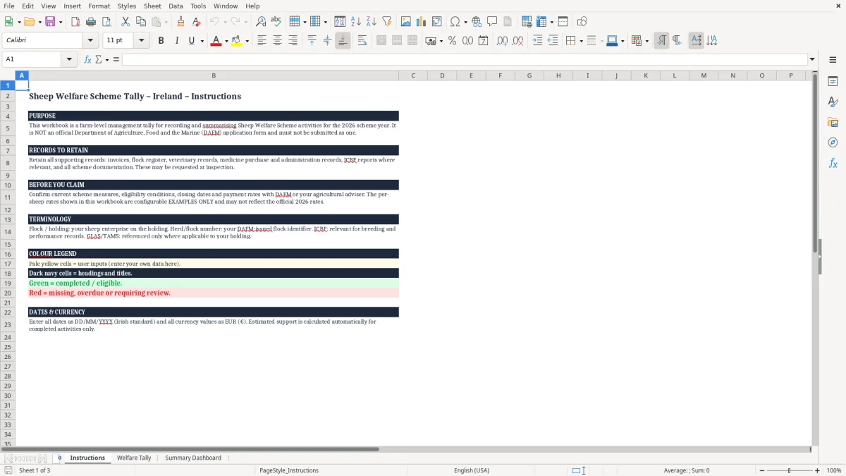 Screenshot 1: Instructions tab - Excel template sheep welfare scheme tally excel template ireland