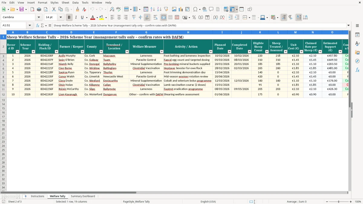 Screenshot 2: Welfare Tally tab - Excel template sheep welfare scheme tally excel template ireland